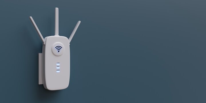 WiFi Extender, Wireless Repeater Isolated On Blue Wall. Internet Booster, White, Close Up. 3d Render