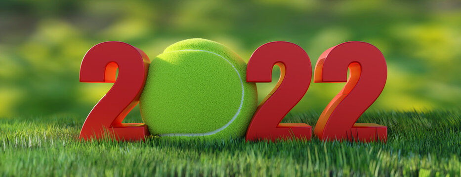 2022 Tennis event calendar. New year number with ball on green grass field background. 3d render