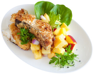 Crusted cod with peach and pineapple salsa