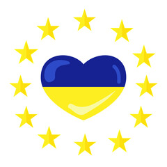 Ukrainian flag in the shape of a heart in a frame of twelve stars of the European Union,vector illustration on a white background.Ukrainian heart symbol,support and solidarity concept.