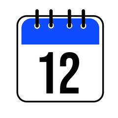 Calendar day 12. Number twelve on a white paper with blue border isolated on white background. Vector ilustration.