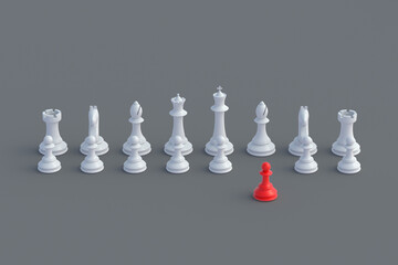 Set of chess figures and one red pawn on gray background. Table games. International tournament. Hobby and leisure. 3d render