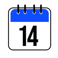 Calendar day 14. Number fourteen on a white paper with blue border isolated on white background. Vector ilustration.