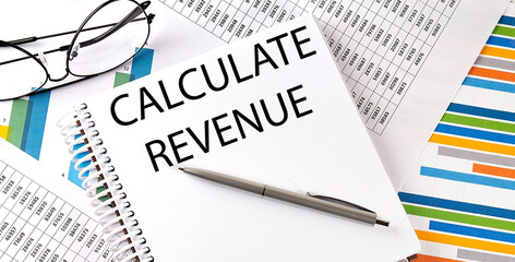 Notebook with text CALCULATE REVENUE . Diagram and white background,Business concept