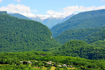 Naklejka na ściany i meble Kodori gorge, Abkhazia. Mountain peak with snow