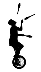 Circus juggler artist silhouette. Young man riding unicycle and juggling clubs. © iluistrator