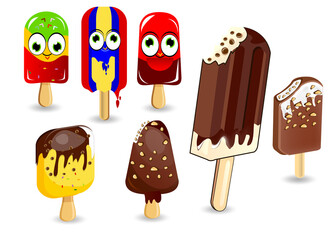 Ice creams set vector illustration, Vector cone chocolate Ice-Cream. multicolored vector ice cream illustrations Set of cartoon icons. waffle cone Ice cream. Caramel chocolate glaze Vanilla Ice-cream