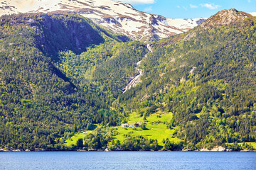 Sognefjord landscape with small village, Norway