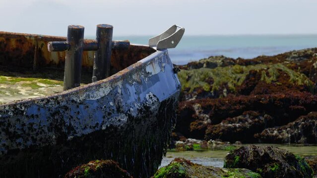 BOW OF A SHIP WRECKED FISHING VESSEL.  4K, NO PEOPLE.
