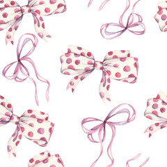 Watercolor seamless pattern. Bows and ribbons pattern. Watercolor bows and ribbons. Festive pattern. Colorful design for backgrounds, textile, fabric, packing, wrapping paper, decoration.
