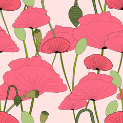 Poppies on pink background seamless pattern