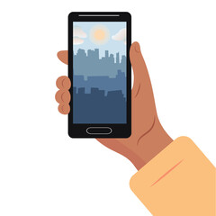 Mobile phone in a man s hand. Watching a movie. Vector flat illustration.