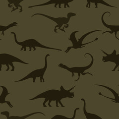 Dinosaurs. Hand-drawn seamless pattern with dinosaurs. For children's fabric, textiles, wallpaper for the nursery. Cute dinosaur design. The silhouette of a dinos