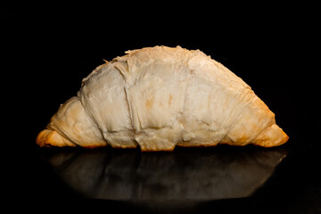 Croissant baking and rising on tray in electric oven - close up view. French cuisine, homemade bakery, breakfast, food, cooking and pastry concept