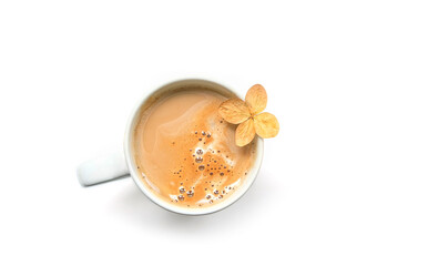 Obraz na płótnie Canvas cup of coffee or cocoa with dry flower on white background close up. minimal style composition. autumn season concept. top view