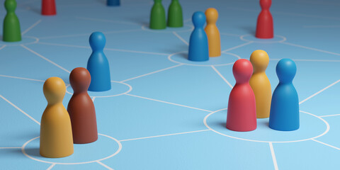 Close-up of colorful wooden pawns on interconnected circles. Concept of interrelationships. 3d illustration.