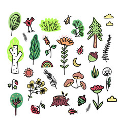 Big forest plants clipart collection on white background. Hand drawn woodland trees, herbs, mushrooms, flowers, branches, berries, leaves. Wild botanical set. Scandinavian style vector illustration