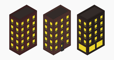 brown brick apartment building isometric vector flat illustration