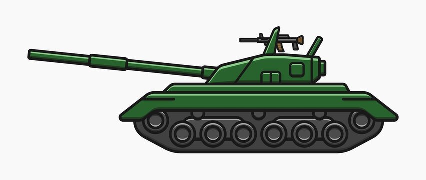 green modern tank with machine gun on top vector flat illustration