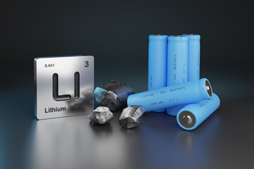 Lithium - ion batteries , metallic lithium and element symbol. 3d illustration. - obrazy, fototapety, plakaty