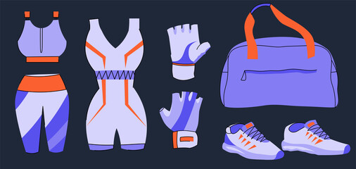 Sportswear for training and fitness. Sneakers, gloves, shorts and bra, jumpsuit, sports bag. Flat vector illustration isolated on dark background.