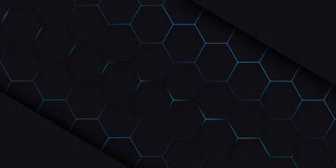 Dark blue hexagonal technology abstract background. Blue bright energy flashes under hexagon in modern technology futuristic background illustration. Dark blue honeycomb texture grid