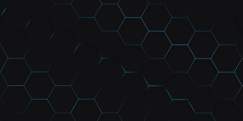 Obraz premium Dark blue hexagonal technology abstract background. Blue bright energy flashes under hexagon in modern technology futuristic background illustration. Dark blue honeycomb texture grid