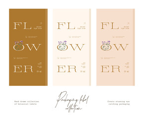 Hand drawn botanical line art vector cosmetics printable label design template