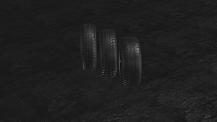 Set of chrome, gold and glossy black wheels and tires on wet dark concrete. Car service and autimobile diagnostics. 360 rotating wireframe model. Chrome, gold and glossy black car rims collection