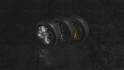 Set of chrome, gold and glossy black wheels and tires on wet dark concrete. Car service and autimobile diagnostics. 360 rotating wireframe model. Chrome, gold and glossy black car rims collection
