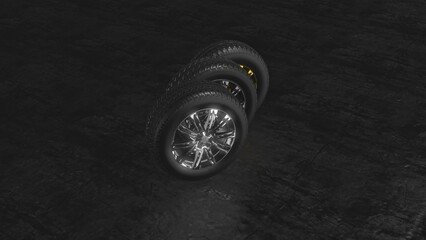 Set of chrome, gold and glossy black wheels and tires on wet dark concrete. Car service and autimobile diagnostics. 360 rotating wireframe model. Chrome, gold and glossy black car rims collection