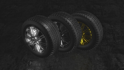 Set of chrome, gold and glossy black wheels and tires on wet dark concrete. Car service and autimobile diagnostics. 360 rotating wireframe model. Chrome, gold and glossy black car rims collection