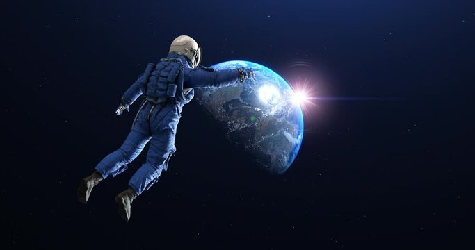 An Astronaut Flying To The Planet Earth. Dangerous Space Mission. Space And Technology Related 4K 3D Animation.