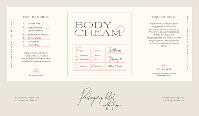 Hand drawn botanical line art vector cosmetics printable label design template