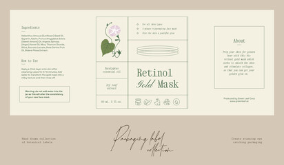 Hand drawn botanical line art vector cosmetics printable label design template
