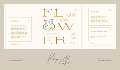 Hand drawn botanical line art vector cosmetics printable label design template
