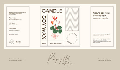 Hand drawn botanical line art vector cosmetics printable label design template