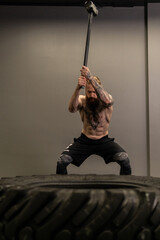 Sledgehammer trucker wheel road tire woman replace young hammer gym, for equipment concentration...