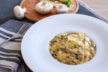 Mushroom risotto with parmesan cheese.