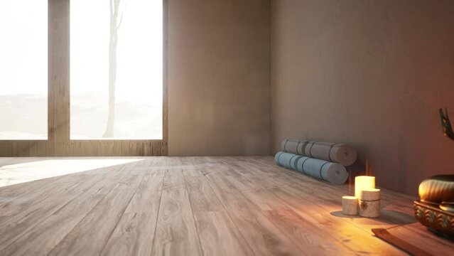 Yoga studio in forest. Morning. Sun rays. 3d render.