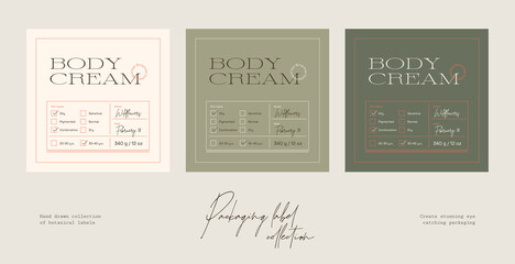 Hand drawn botanical line art vector cosmetics printable label design template