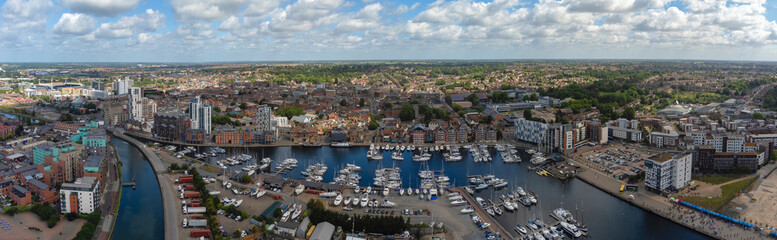An aerial photo of the Wet Dock in Ipswich, Suffolk, UK