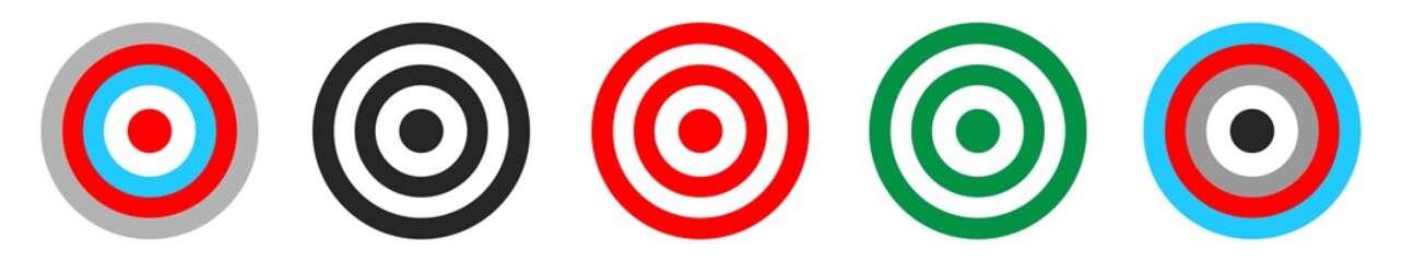Archery target collection. Target shooting installation. Isolated bullseye dartboard on white background. The concept of archery or achieving a goal in business. Aim center.  Stock Vector EPS 10