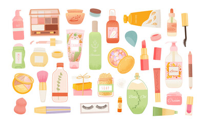 Skincare products organic cosmetics, woman skincare routine icons. Woman beauty set: mascara, lipstick, eye shadows, brush. 