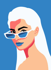 Fashion portrait of a model girl in sunglasses. Poster or flyer in trendy retro colors. Silhouette of multiethnic women. Communication and friendship women or girls of diverse cultures.