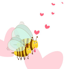 Valentine's day background with cute bees cartoon and heart sign symbol on white background vector illustration. Love Bee