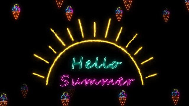 Hello Summer Neon Colorful Lights, Ice cream And Sun loop animation
