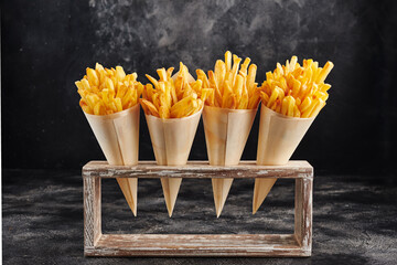 French fries in white paper with holder
