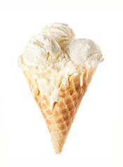 Vanilla ice cream scoop with cone isolated on white background