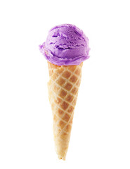Blueberry ice cream with cone isolated on white background